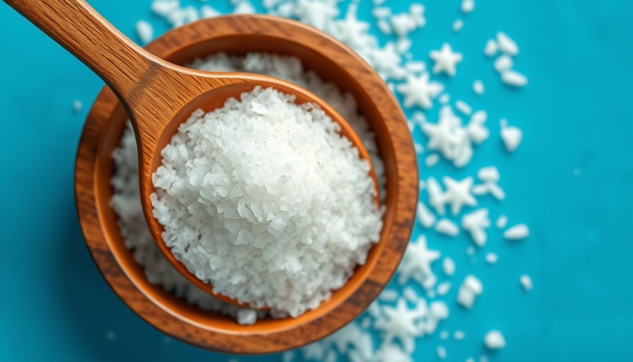 Coarse sea salt in a wooden bowl and spoon on a blue background