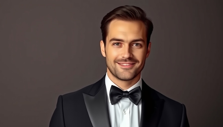 Portrait of a man in a tuxedo posing confidently.