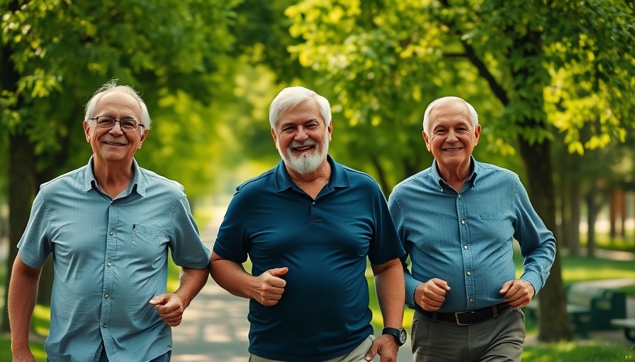 Three men brisk walking in park, reducing cardiovascular disease risk