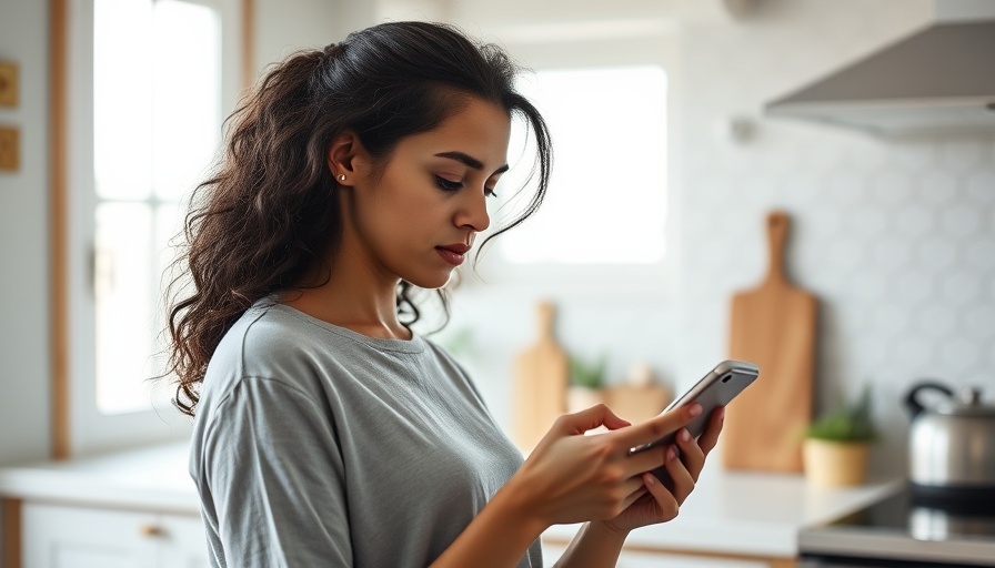 Woman examines phone while eating an apple in sunny kitchen.