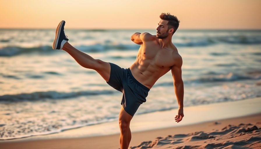 Person staying limber with morning stretch by the ocean.