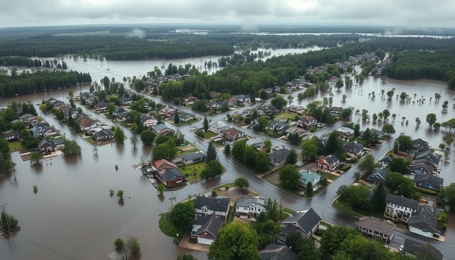 Aerial view of flood's impact on residential area health, showing houses submerged.