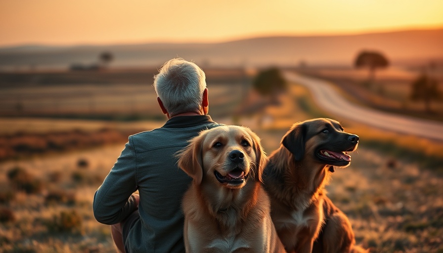 Middle-aged man enjoying countryside with dogs, early screening.