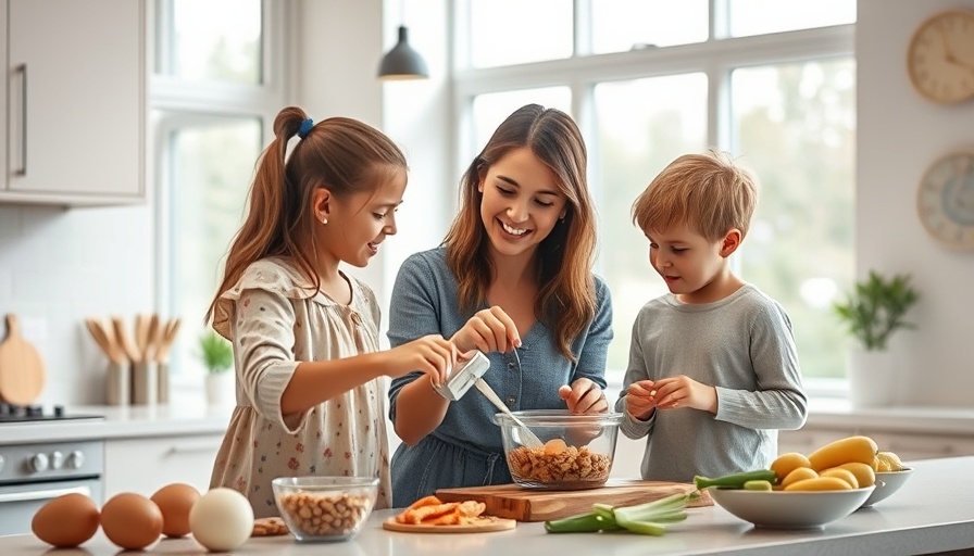 Young mother and children doing a healthy cooking challenge in a bright kitchen.