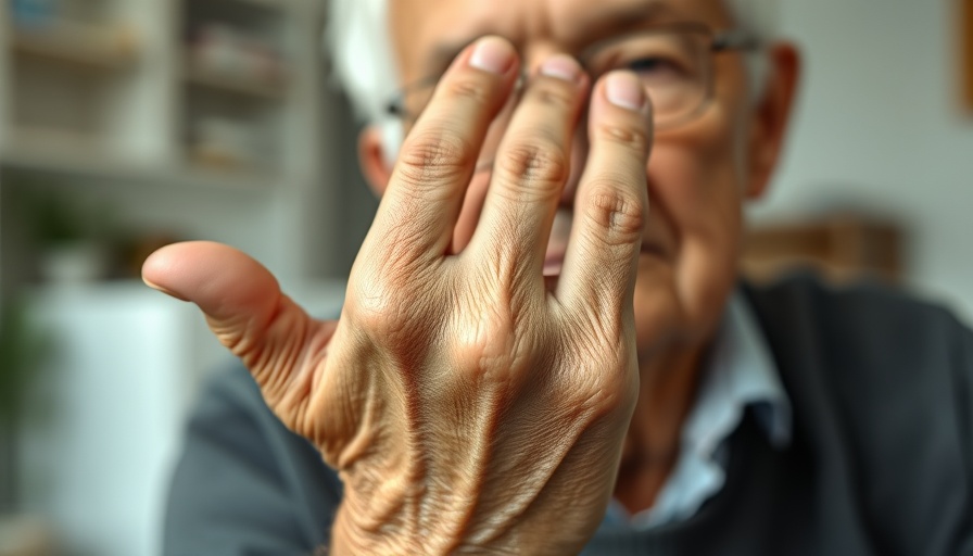 Older person examining swollen fingers, health implications context.