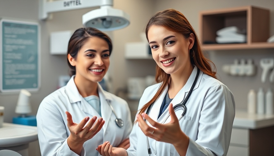 Female dentist explains cavity detection in a clinic setting.