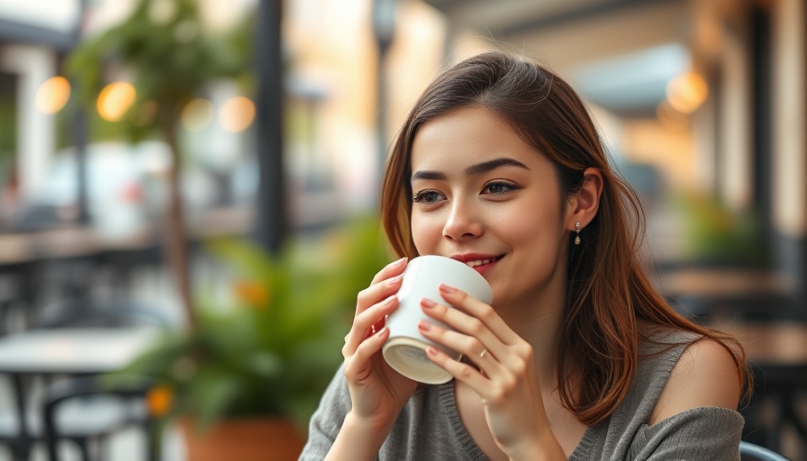 Woman enjoying tea on a sunny terrace.