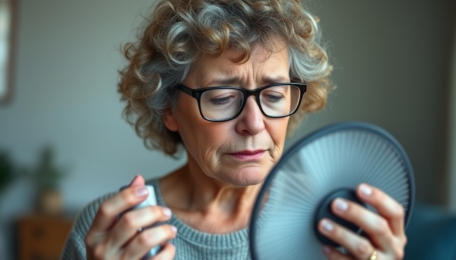 Middle-aged woman using portable fan to ease hot flash indoors.