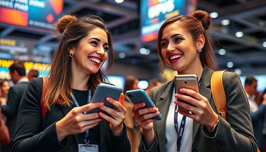 Cheerful women using smartphones at an event, vibrant setting for dental care.