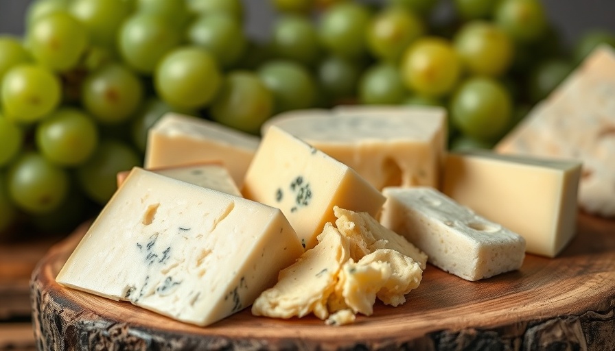 Assorted cheeses on board with grapes; eating bad cheese risks.