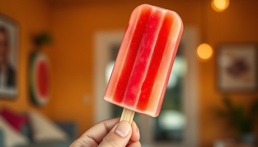 Man holding colorful watermelon electrolyte ice pop indoors.