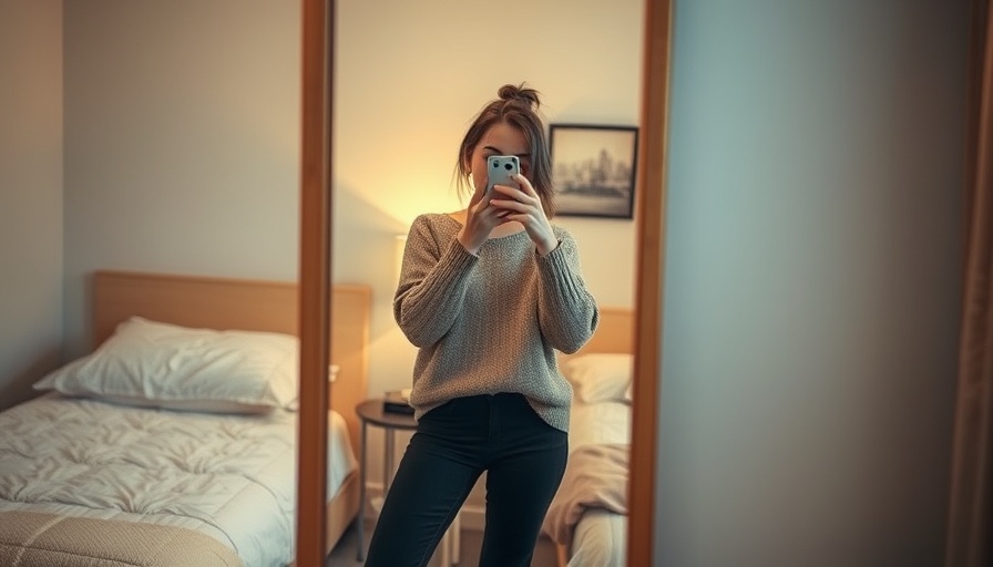 Woman takes a selfie in a cozy bedroom, leg bent wrong.