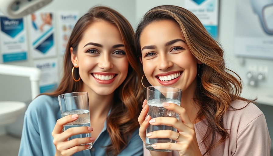 Women promoting clean water for healthy teeth in dental office.