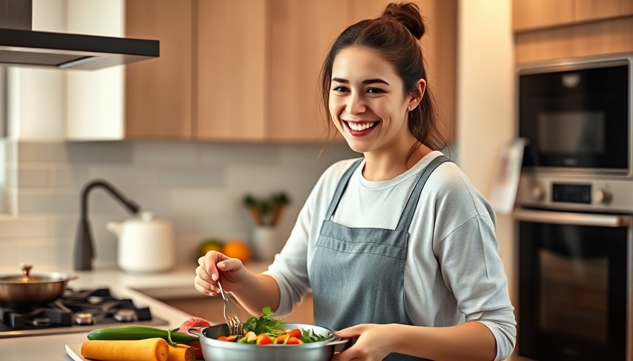 Young woman cooking in a modern kitchen for a healthy cooking challenge.