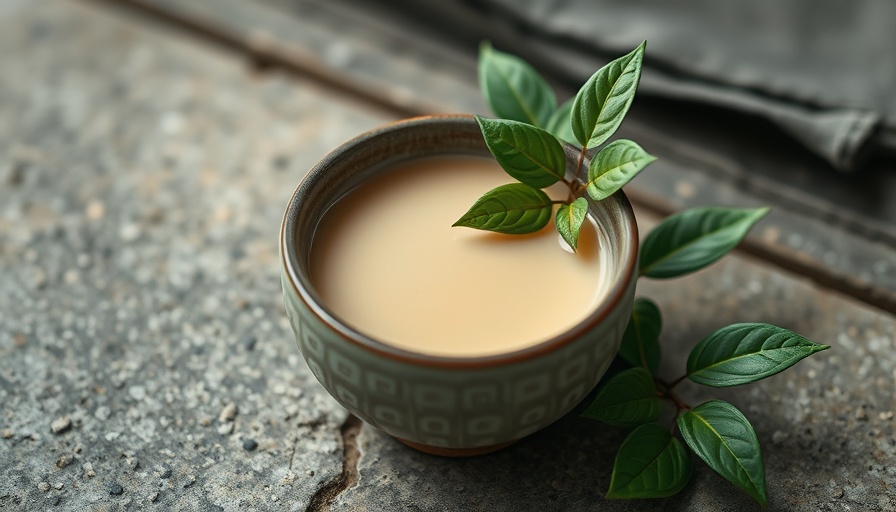 Bowl of creamy hojicha tea next to green leaves, benefits of Hojicha Tea.