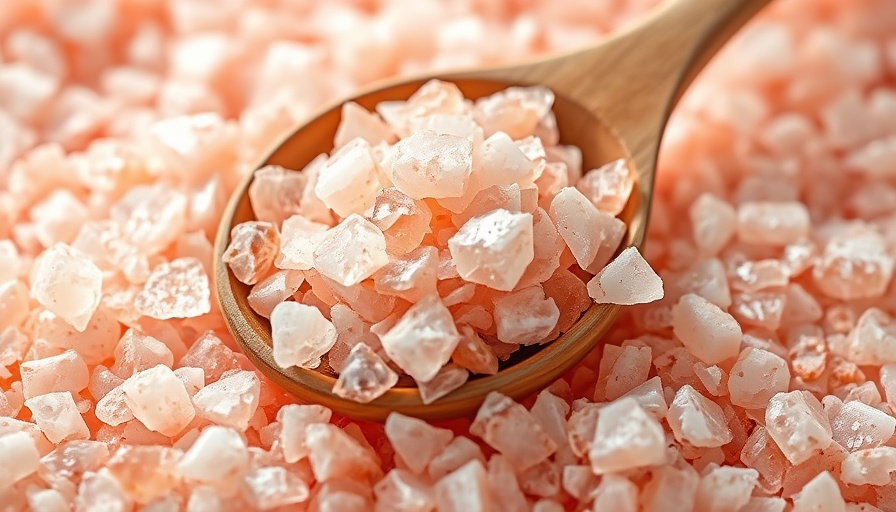 Close-up of Himalayan pink salt crystals on a wooden spoon.