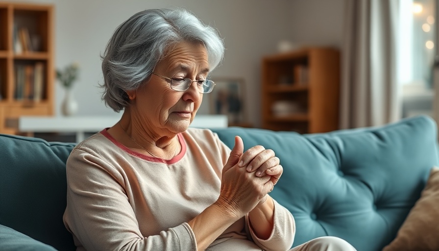 Older woman examining forearm in living room, signs of a Staph infection.