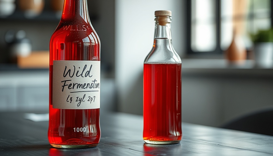 Red glass bottle of wild fermented Ribena on table.