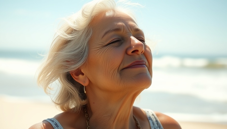 Older woman enjoying sunlight for Vitamin D3 benefits at the beach.