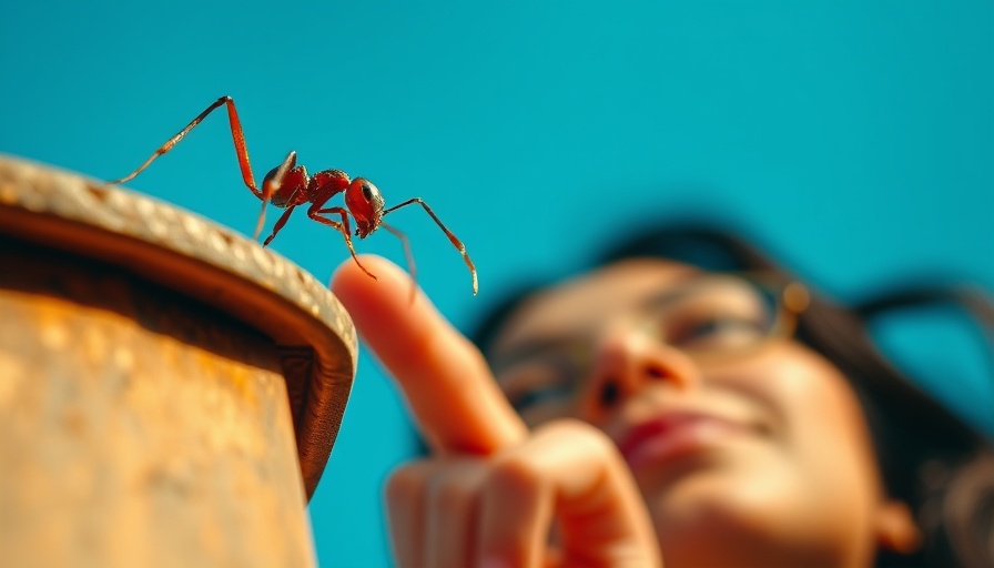 Close-up of ant pinching surface with woman pointing, cinematic style