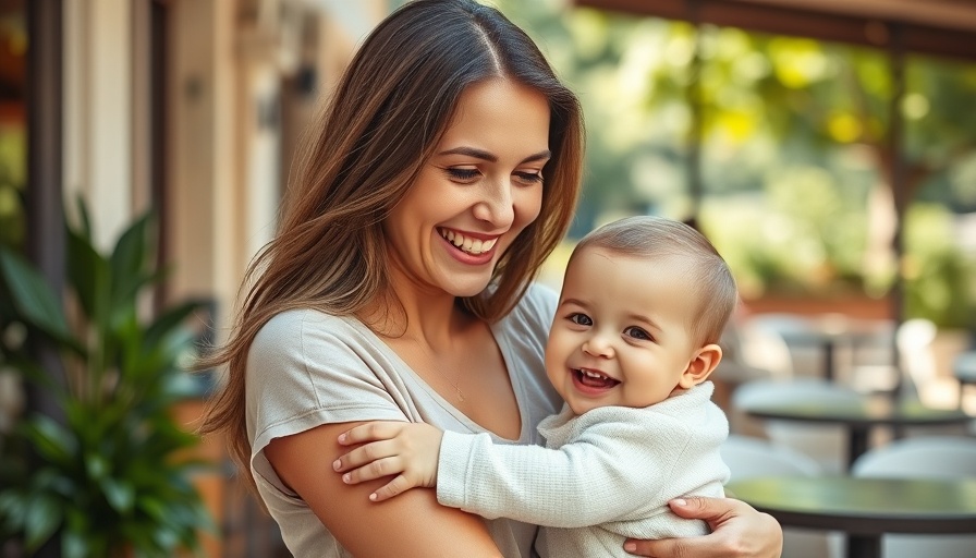 Mother holding baby at a sunny outdoor cafe, healthy eating essentials.