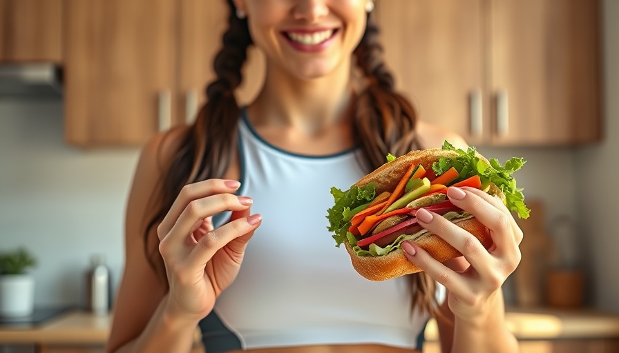 Woman in sportswear holding a healthy vegetable sandwich in a kitchen.
