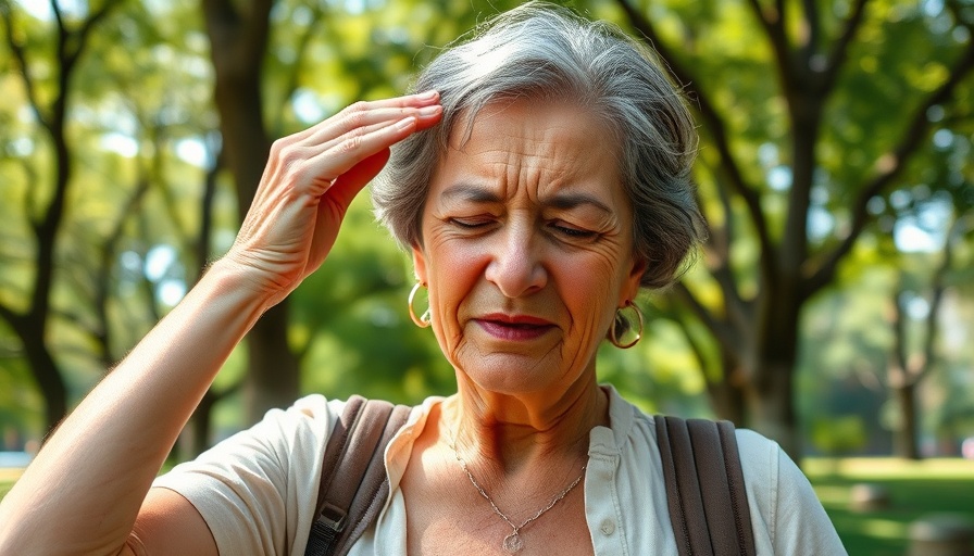 Woman showing signs of heat stroke by wiping sweat in a sunny park.