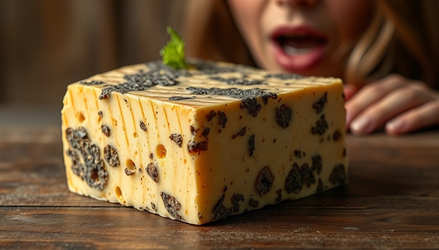 Close-up of moldy cheese with surprised reaction, 'Would you eat this cheese?'