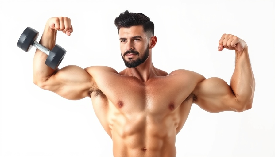 Athletic man demonstrating upper body strength workout with a dumbbell.