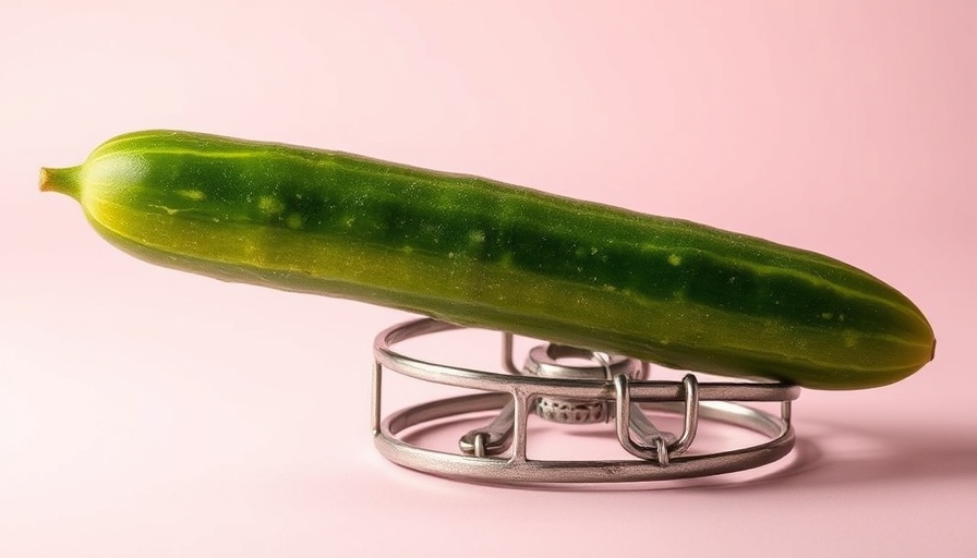 Surreal tension with cucumber over a metal trap in 'the forbidden amputation' theme.