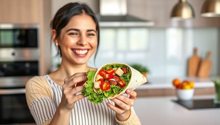 Woman holding low carb wrap in modern kitchen with bright lighting.