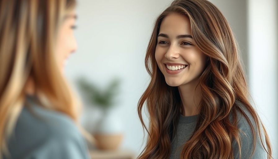 Young woman smiling warmly, minimalistic indoor background.
