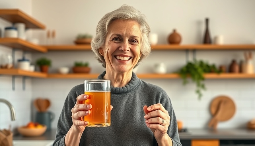 Smiling woman with apple cider vinegar glass in modern kitchen.