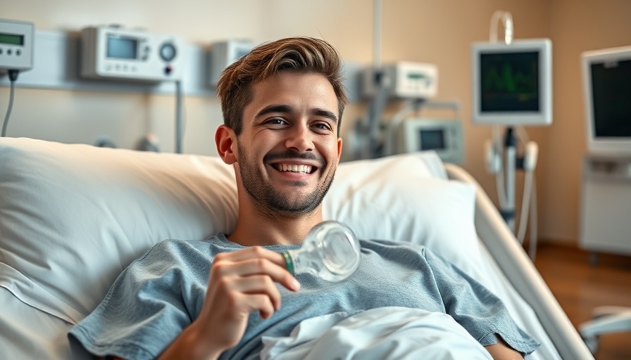 Young man using a respiratory device after surgery in a hospital room.