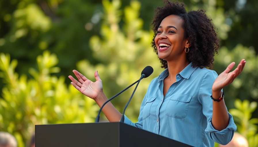 Radiant speaker joyfully engaging audience at podium, lush background.