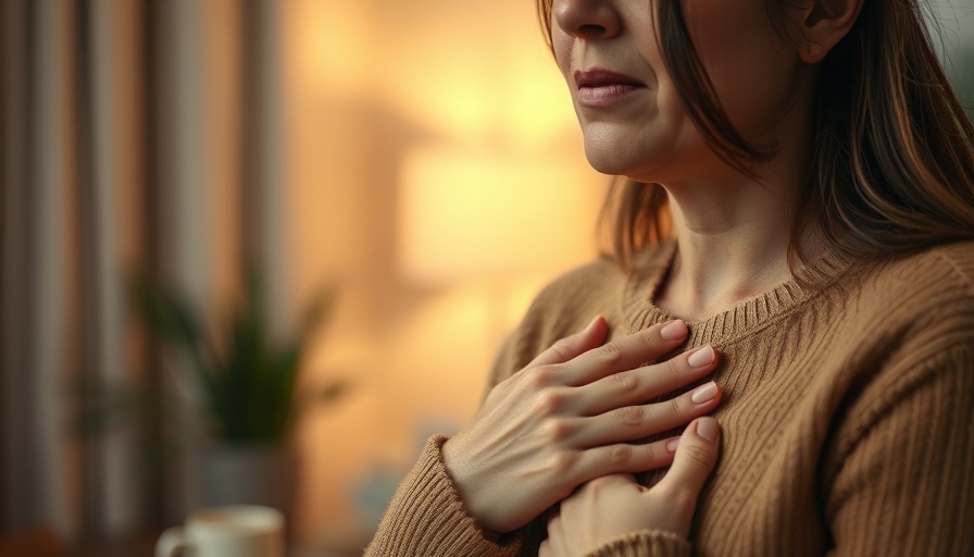 Heart Attack Symptoms in Women illustrated by woman clutching chest.