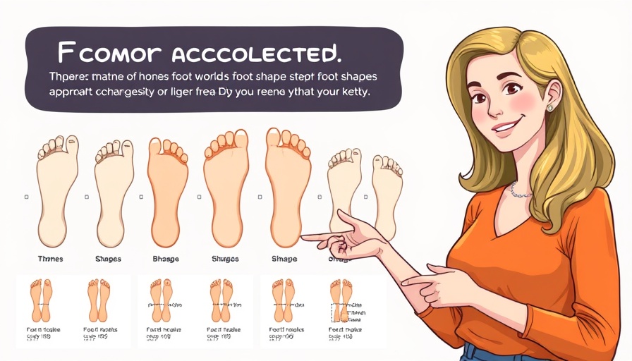 Illustration of various foot shapes with a woman pointing and explaining.