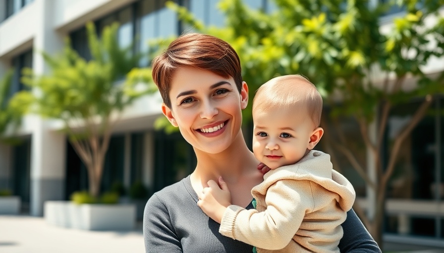 Young woman and toddler smiling outdoors, healthy environment.