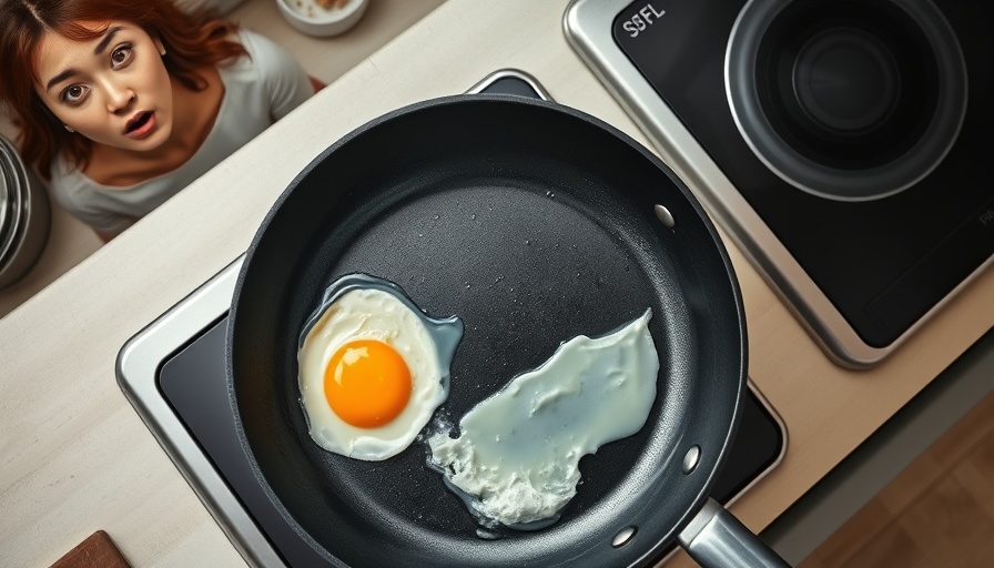 Surprised woman reacting to frying pan with egg contamination, highlighting dangers.