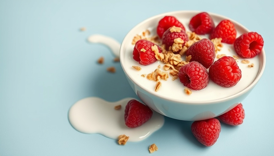 Yogurt with raspberries and granola for gut health on blue background.