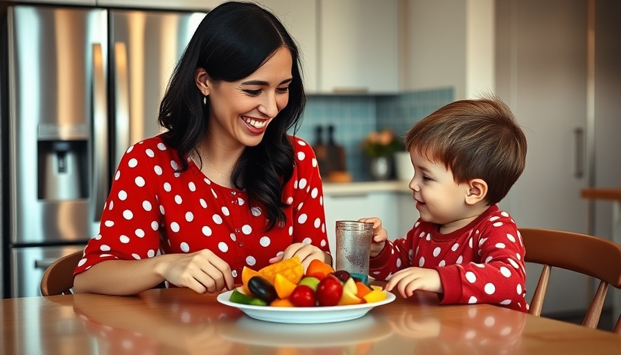 Meal prep with mother and child enjoying fruit in a modern kitchen.