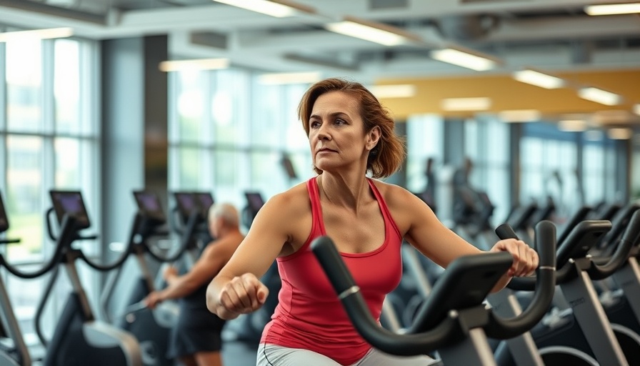 Middle-aged couple exercising in gym, reducing risk of irregular heartbeat.
