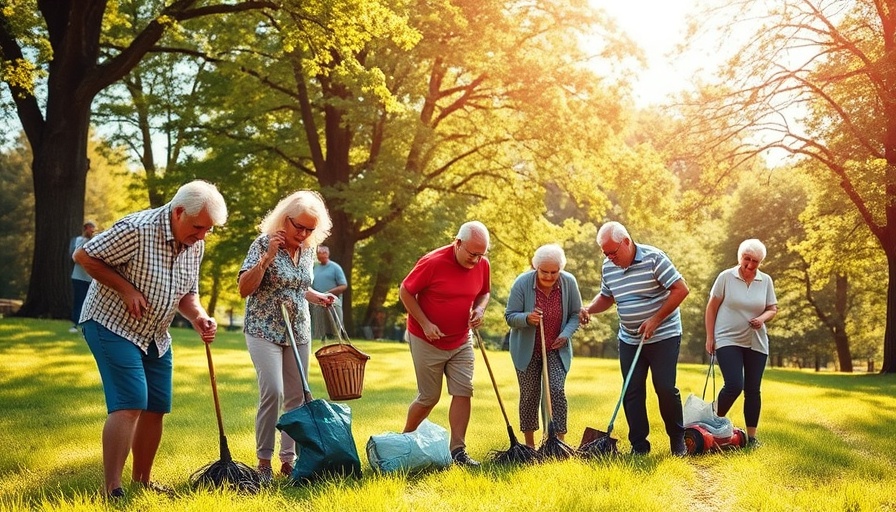 Elderly group cleaning park, promoting sense of purpose and brain health.