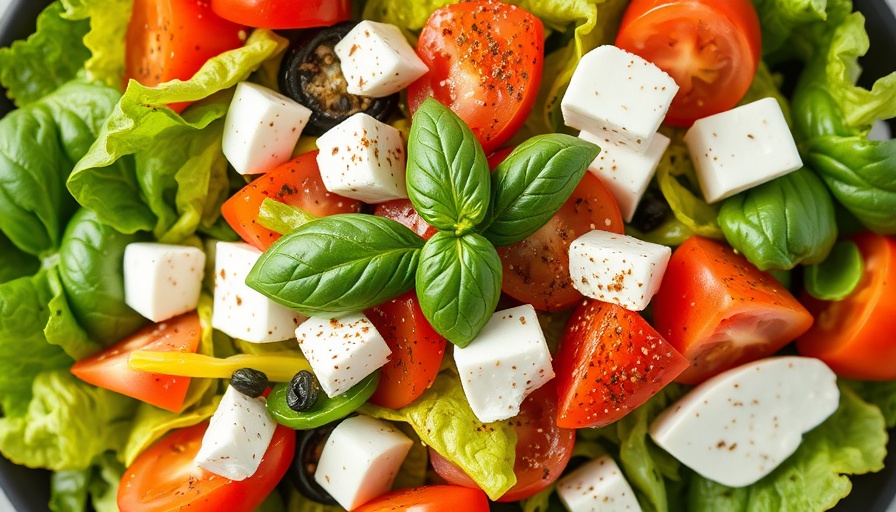 Mediterranean diet: colorful salad with fresh vegetables and cheese.