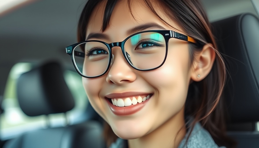 Woman smiling with clear skin in a car, discussing acne treatment.