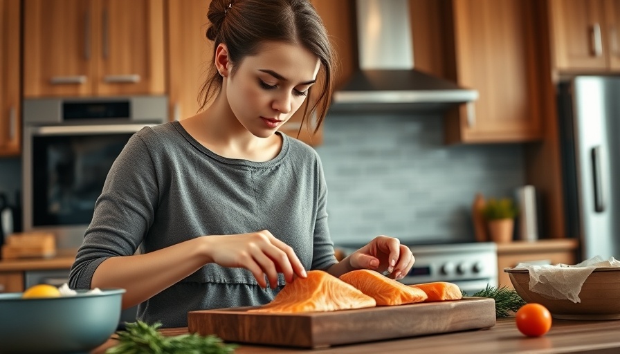 Woman preparing meal prep with salmon in kitchen.