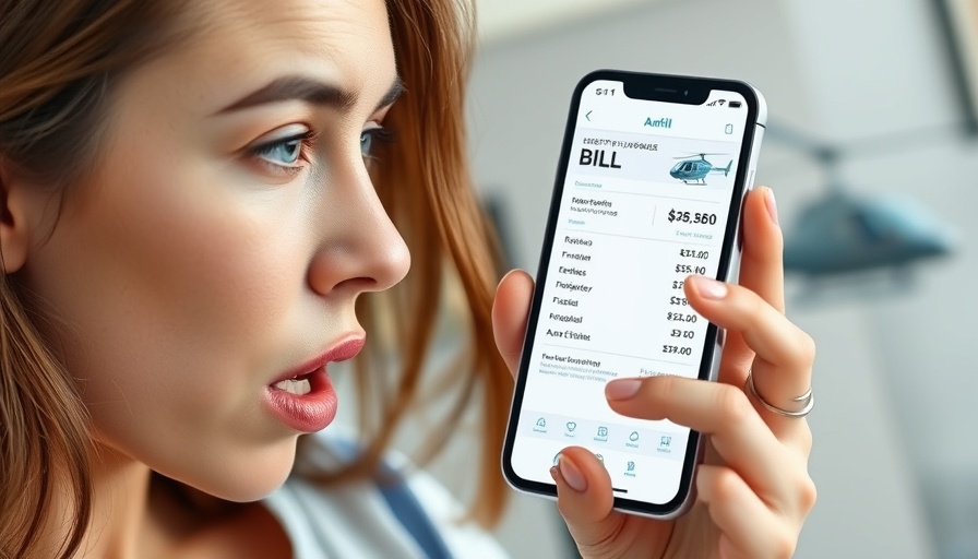 Shocked woman viewing helicopter medical bills on phone, financial burden