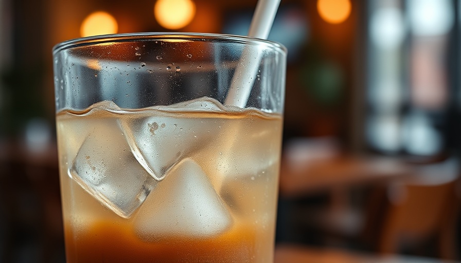Iced sugary drink in a glass on a table, risk factor for hair loss.