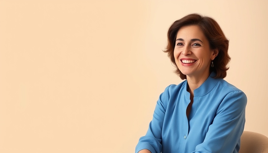 Smiling woman in blue blouse promoting holistic wellness.