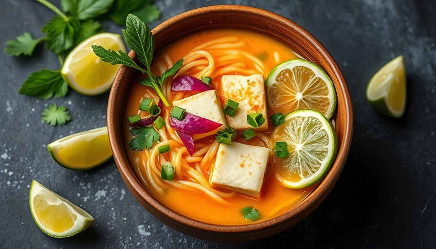 Coconut Lime Noodle Soup with Sticky Tofu in a vibrant bowl.